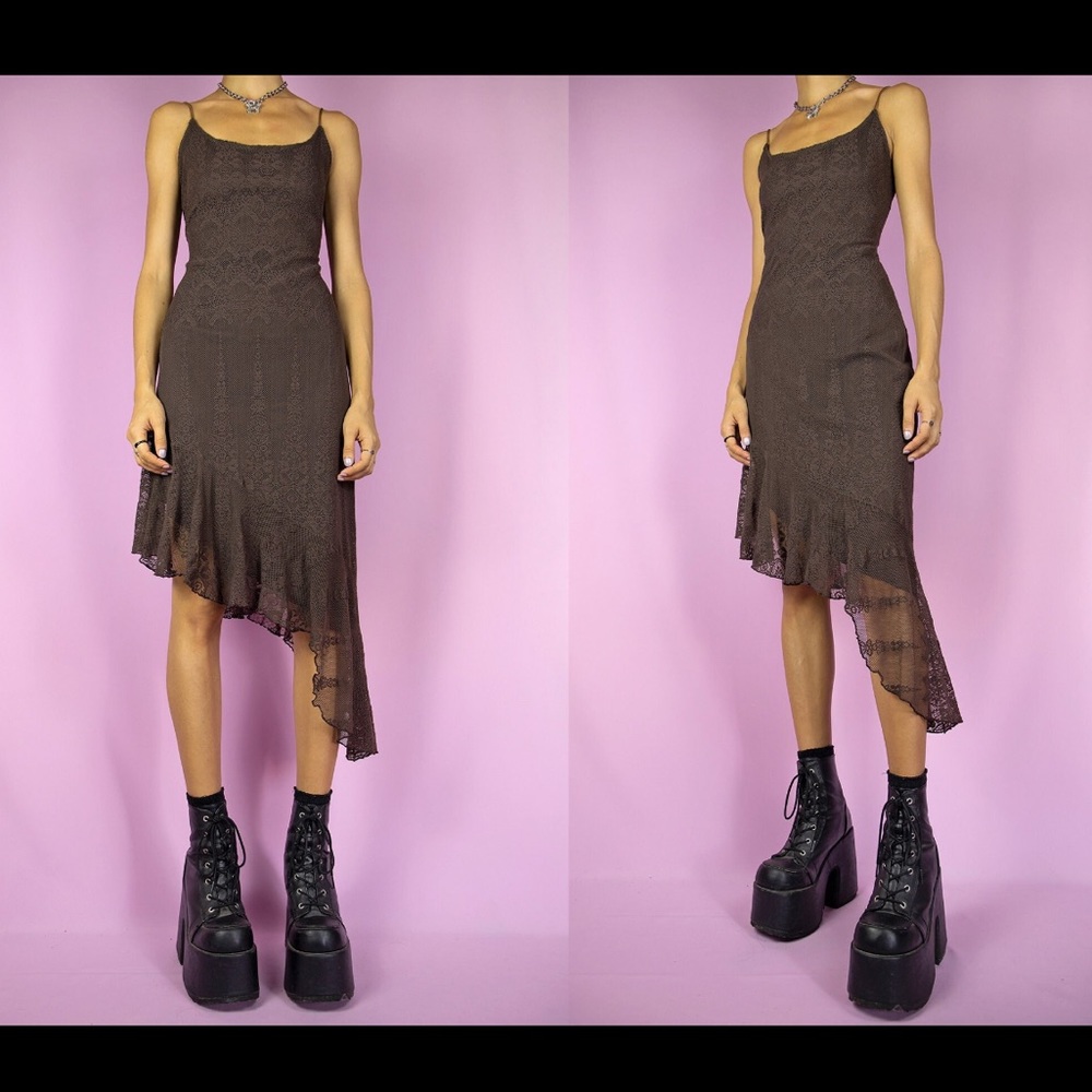 00s Y2K Brown Mesh Asymmetric Dress Lace Cyber Fairy Vintage S/M